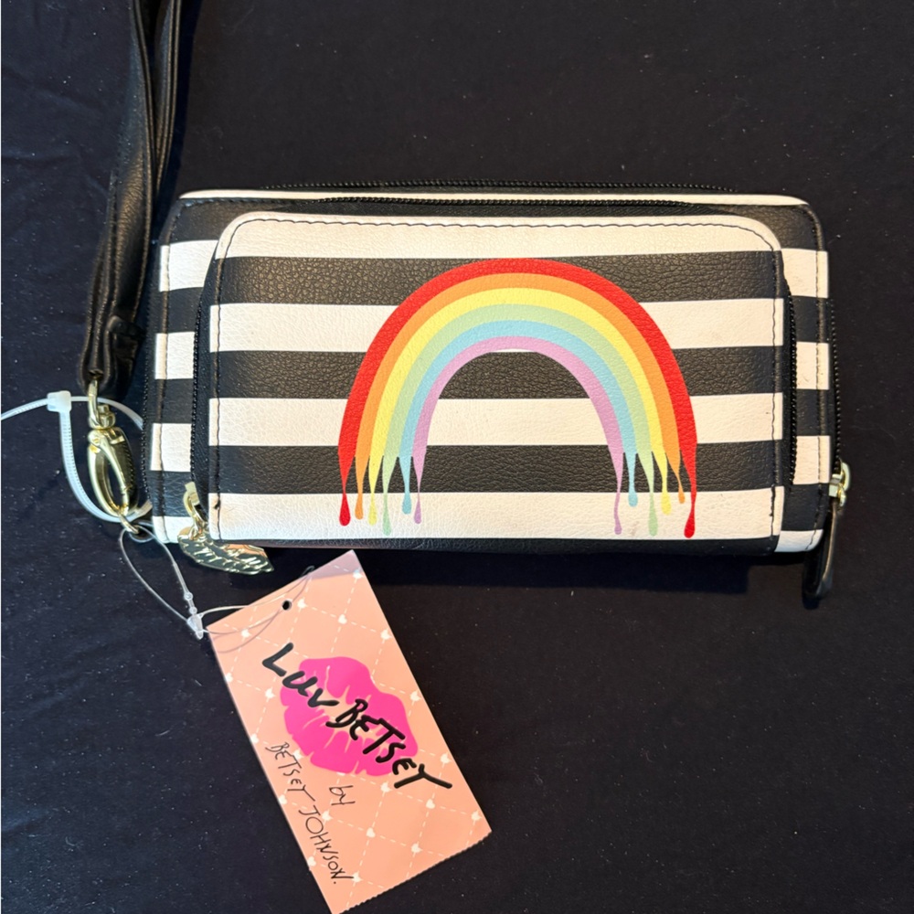 NWT - Betsey Johnson Black and White Stripe Wristlet with Rainbow
